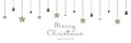 Merry Christmas and New Year 2022 poster. Xmas minimal banner with holiday symbols border with hanging stars and festive trees, Royalty Free Stock Photo