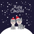 Merry Christmas New Year`s card design funny gray husky dog in red hat, Kawaii face with large eyes and pink cheeks, boy and girl Royalty Free Stock Photo