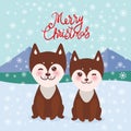 Merry Christmas New Year`s card design Kawaii funny brown husky dog, face with large eyes and pink cheeks, boy and girl, mountain