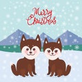 Merry Christmas New Year`s card design Kawaii funny brown husky dog, face with large eyes and pink cheeks, boy and girl, mountain