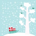 Merry Christmas New Year`s card design tree with white snow on the branches, birds, snowflakes and stars, sleigh with gifts on sk