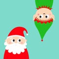 Merry Christmas. New Year. Santa Claus Elf face head icon set. Hanging upside down. Cute cartoon funny kawaii baby character. Royalty Free Stock Photo