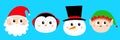 Merry Christmas. New Year. Snowman Santa Claus Elf Penguin bird round face head icon set. Cute cartoon funny kawaii baby character Royalty Free Stock Photo