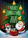 2020 Merry Christmas and New Year symbol. Santa Claus on a winter background with gifts