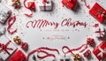 Merry Christmas and New Year text on white background with gift boxes, ribbons, red decoration, bokeh, sparkles and confetti