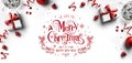 Merry Christmas and New Year text on white background with gift boxes, ribbons, red decoration, bokeh, sparkles and confetti. Xmas Royalty Free Stock Photo