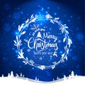 Merry Christmas and New Year typographical on blue holiday background with Christmas wreath, landscape, snowflakes, light, stars. Royalty Free Stock Photo