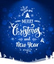 Merry Christmas and New Year typographical on blue holiday background with Christmas wreath, landscape, snowflakes, light, stars. Royalty Free Stock Photo