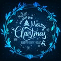 Merry Christmas and New Year typographical on blue holiday background with Christmas wreath, snowflakes, light, stars. Royalty Free Stock Photo