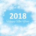 Merry Christmas and New Year 2018 typographical on holidays background with winter landscape with snowflakes, light Royalty Free Stock Photo