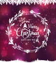 Merry Christmas and New Year typographical on purple holiday background with Christmas wreath, landscape, snowflakes, light, stars Royalty Free Stock Photo