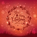 Merry Christmas and New Year typographical on red holiday background with Christmas wreath, landscape, snowflakes, light, stars. Royalty Free Stock Photo