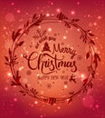 Merry Christmas and New Year typographical on red holiday background with Christmas wreath, snowflakes, light, stars. Royalty Free Stock Photo