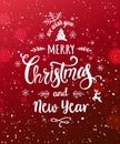 Merry Christmas and New Year typographical on red holiday background with snowflakes, light, stars. Royalty Free Stock Photo
