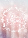 Merry Christmas and New Year typographical on shiny holiday background with Christmas wreath, snowflakes, light, stars. Royalty Free Stock Photo