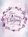 Merry Christmas and New Year typographical on shiny holiday background with Christmas wreath, snowflakes, light, stars. Xmas card. Royalty Free Stock Photo