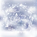 Merry Christmas and New Year typographical on shiny holiday background with Christmas wreath, snowflakes, light, stars. Royalty Free Stock Photo