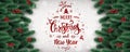 Merry Christmas and New Year Typographical on white background with fir branches, berries, lights, snowflakes. Royalty Free Stock Photo