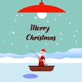 Merry christmas and new year vector background with fisherman characters fishing on frozen lake