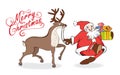 Merry Christmas and New Years card walking Santa Claus with gifts and reindeer