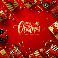 Merry Christmas and New Years Red Poster with gift box and christmas decoration elements for Retail, Shopping or Christmas Royalty Free Stock Photo
