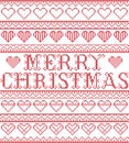 Merry Christmas Nordic style and inspired by Scandinavian cross stitch craft seamless Christmas pattern in red, white with hearts