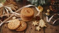 Merry Christmas! Christmas oatmeal cookies and festive decorations on rustic wooden table. Atmospheric stylish christmas panoramic