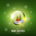 Merry Christmas with Origami Deer in glass sphere bubble and snowflake on green background, vector illustration