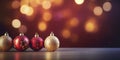 Merry Christmas ornaments. Red and Gold Christmas balls, defocused lights and copy space Royalty Free Stock Photo