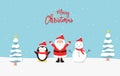 Merry christmas paper art illustration style, with standing santa claus, penguin, snowman, and trees. Royalty Free Stock Photo