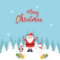 Merry christmas paper art style illustration design, with standing santa claus, penguin, snowman, presents, and trees in the behin Royalty Free Stock Photo