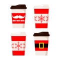 Merry Christmas paper coffee or tea cups decorated santa claus belt, ho-ho-ho and snowflakes.