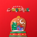 Merry Christmas paper cut snow globe house cartoon Royalty Free Stock Photo