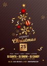 Merry Christmas Party Flyer Design with Creative Xmas Tree Made by Realistic Baubles, Golden Stars and Snowflakes on Brown Strip Royalty Free Stock Photo