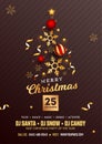 Merry Christmas Party Flyer Design with Creative Xmas Tree Made by Realistic Baubles, Golden Stars and Snowflakes.