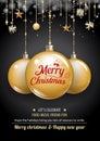 Merry christmas party and gold ball on dark background invitation theme concept. Happy holiday greeting banner and card design te Royalty Free Stock Photo