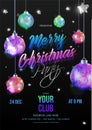 Merry Christmas Party invitation card design decorated with hanging baubles, stars. Royalty Free Stock Photo