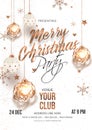Merry Christmas Party invitation card design with hanging baubles, stars and snowflakes. Royalty Free Stock Photo