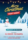 Merry Christmas Party Night flyer or template design, illustration of snowman and snow capped home on winter landscape background Royalty Free Stock Photo