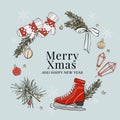 Merry Christmas party preparation, winter holidays mittens, gloves, skate, fir branch, pine tree, bow, baubles illustration in