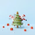 Merry Christmas, Party with Santa Claus, snowman and Christmas tree on a blue background Royalty Free Stock Photo