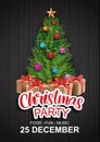 Merry christmas party with tree and gift box for flyer brochure design on wood background invitation theme concept. Happy holiday Royalty Free Stock Photo