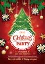 Merry christmas party and tree on red background invitation theme concept. Happy holiday greeting banner and card design template Royalty Free Stock Photo