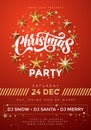 Merry Christmas party, vector red poster. 24 December music club celebration banner with invitation text golden template
