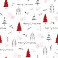 Merry Christmas pattern in black and red with text and christmas trees on white background. Seamless repeat christmas pattern for Royalty Free Stock Photo