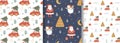 Merry Christmas patterns set. Christmas car with tree. Cute Santa Claus, snowman, house, winter forest background Royalty Free Stock Photo