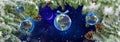 Merry Christmas peace world  tree and globe ball on starry blue night with moon on sky and snow flakes banner background template Royalty Free Stock Photo