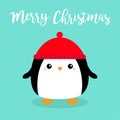 Merry Christmas. Penguin bird face head body round icon. Red hat. Cute cartoon kawaii funny character. Hello winter. Baby greeting