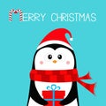 Merry Christmas. Penguin holding gift box present. Red Santa hat and scarf. Happy New Year. Cute cartoon kawaii baby character. Royalty Free Stock Photo