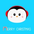 Merry Christmas. Penguin round head face icon. Red headphones hat. Happy New Year. Cute cartoon kawaii baby character. Arctic